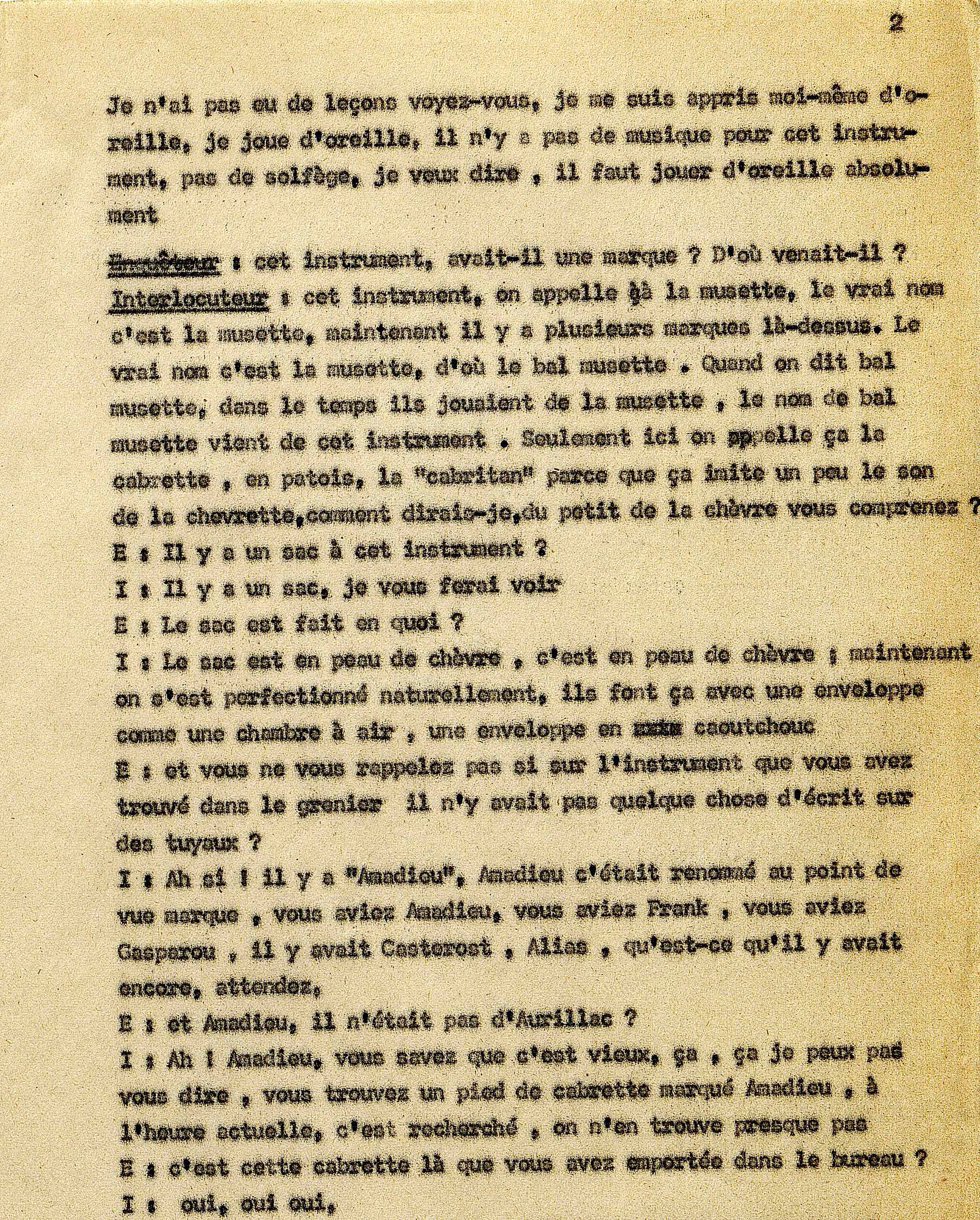 Page 2 d'une transcription dactylographiée de l'entretien de Maguy Andral avec Jean Vigouroux, Aubrac (FRAN_0011_21142)