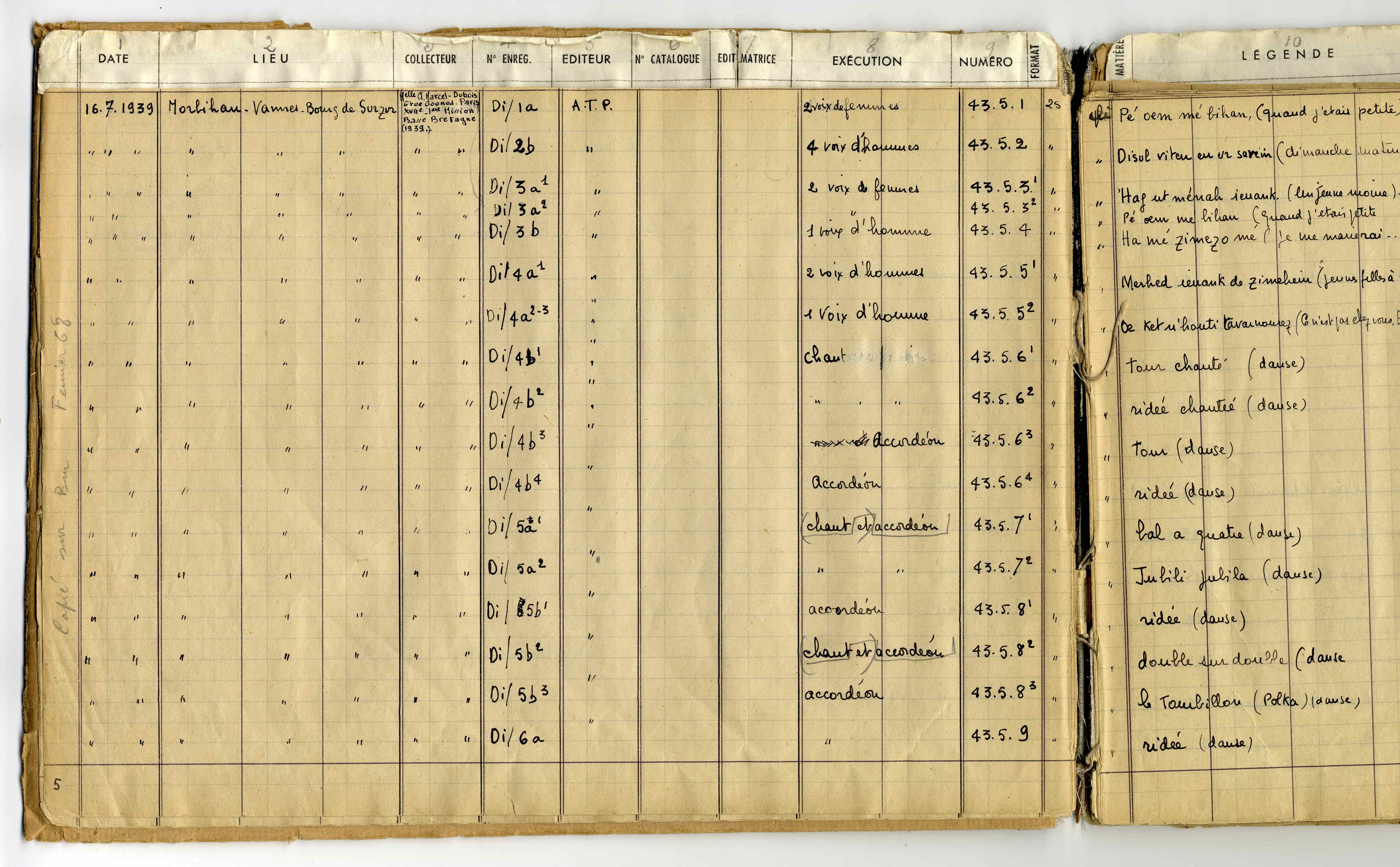 Page de gauche du registre d'inventaire des collections sonores du musée