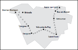 Le parcours de la mission, du 13 (Brioude) au 23 août (Aurec-sur-Loire) 1946