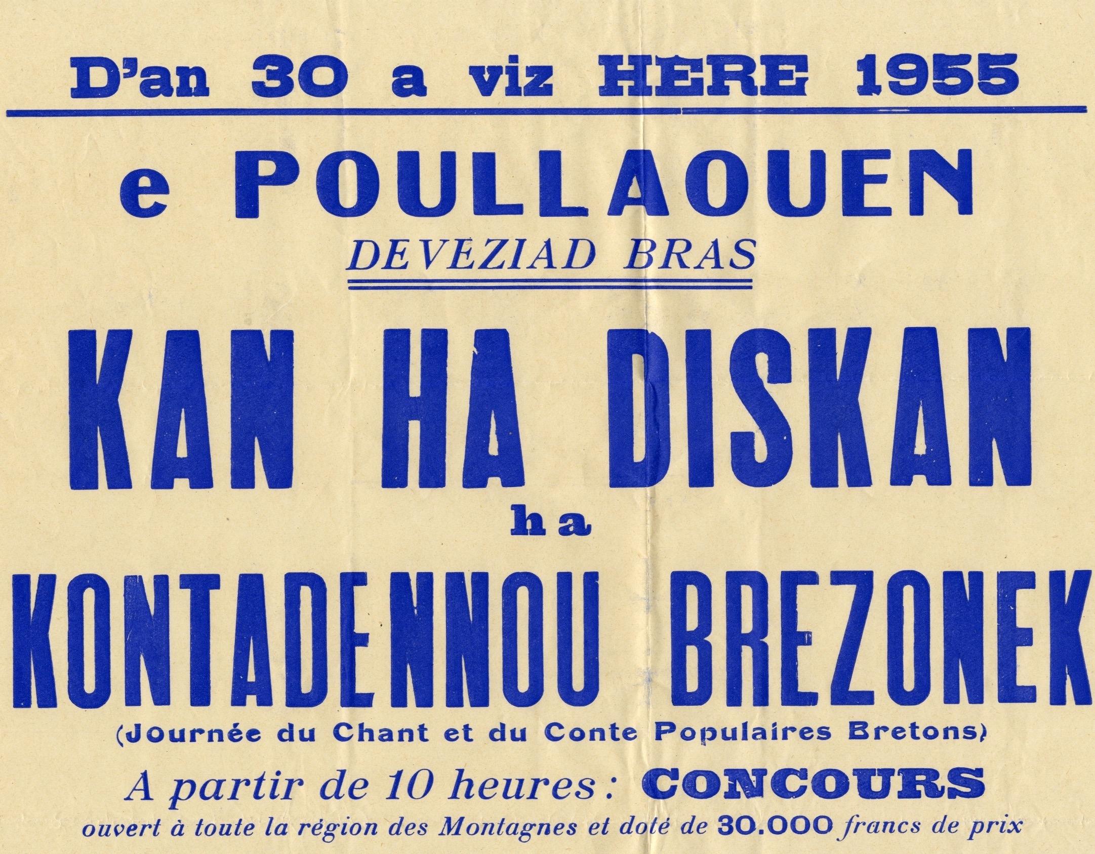 Haut de l'affiche du concours de chant breton de Poullaouen, 30 octobre 1955 (Archives nationales, 20130043/63, scan FRAN_0062_1872_L.jpg) 
