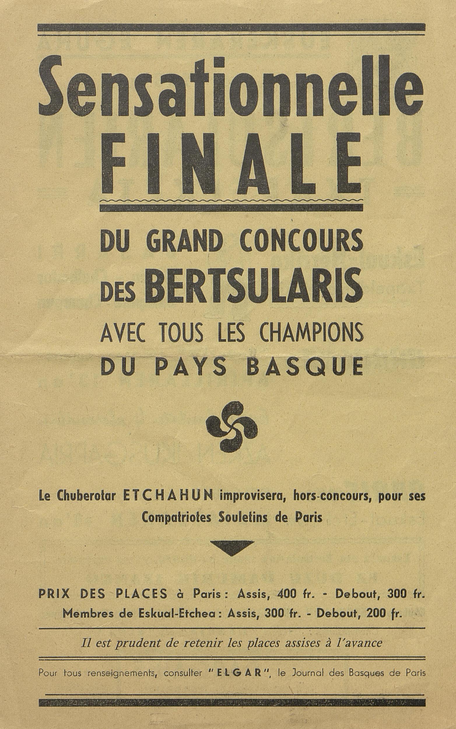 Affiche de la finale du concours de Bertsulari de Paris en 1958