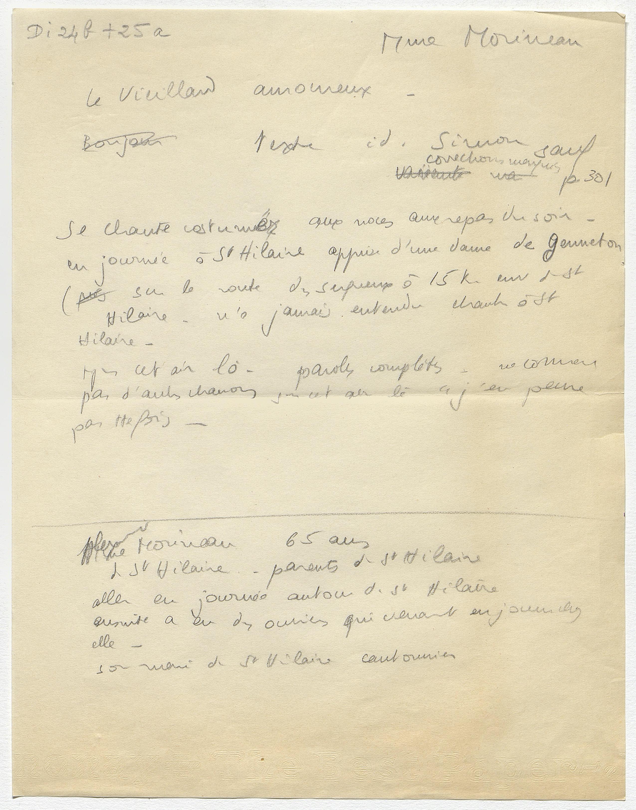 Notes de Marcel-Dubois relatives à un des chants collectés auprès de Mme Morineau (Archives nationales, 20130043/38, scan FRAN_0011_02742_L.jpg)
