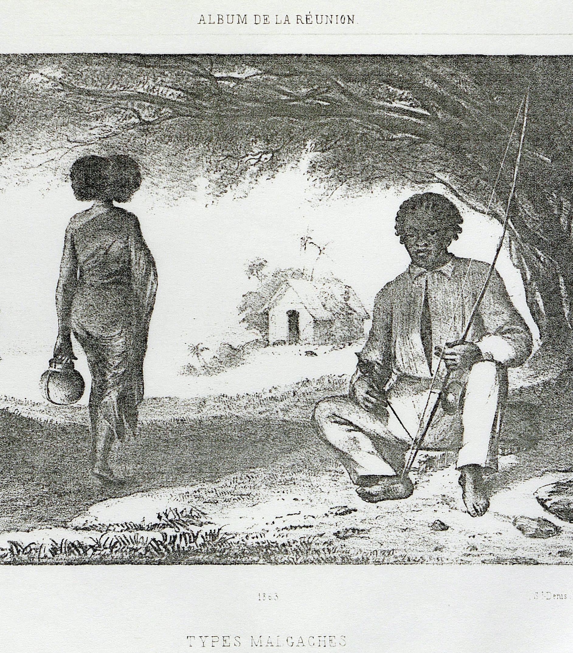 "Types malgache" dont un joueur d'arc musical, lithographie de Louis-Antoine Roussin publiée chez Dentu en 1863 (FRAN_0011_18470_L.jpg)