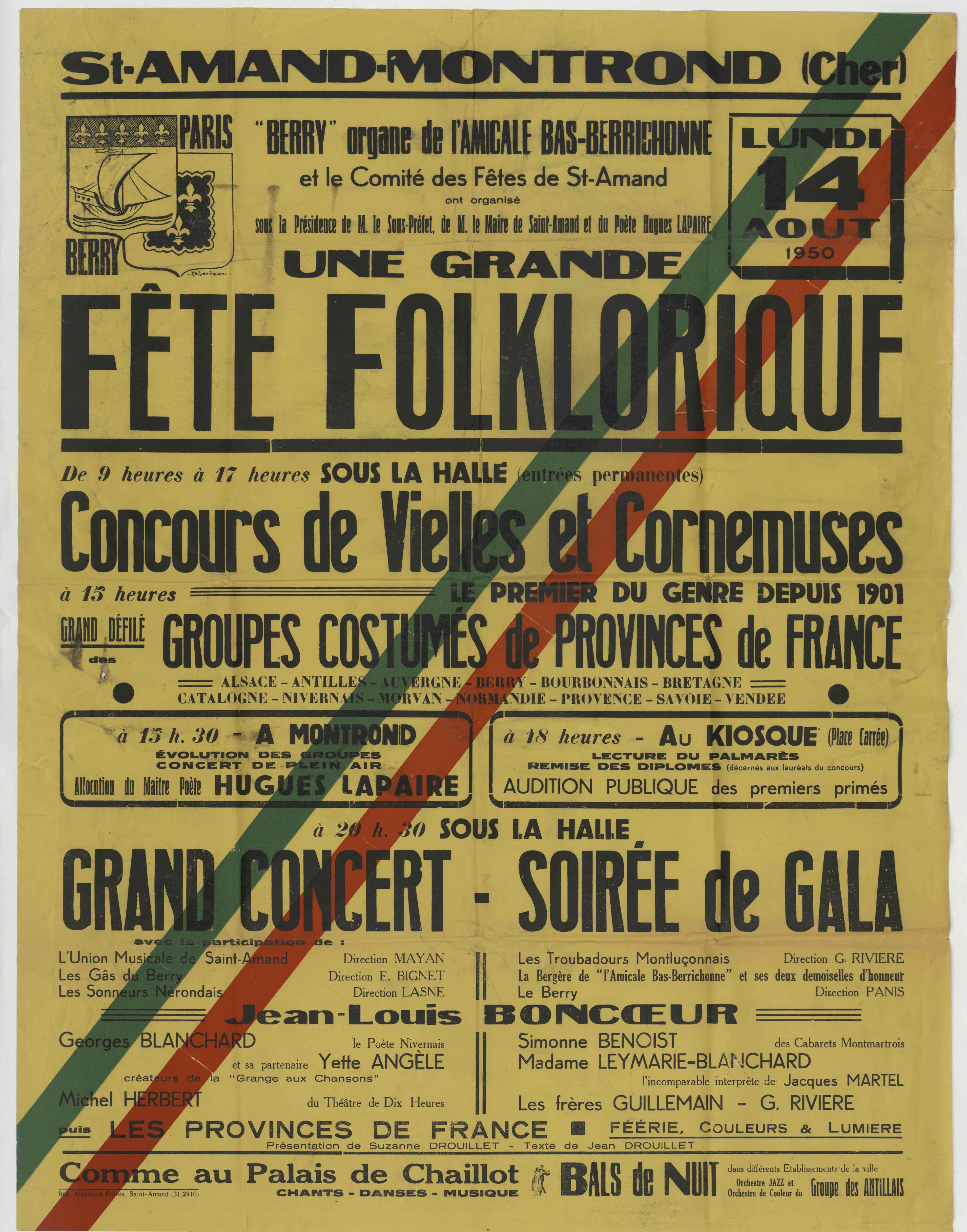 Affiche du concours de vielles et cornemuses de Saint-Amand-Montrond (Cher), 14 août 1950 (Archives nationales, 20130043/47, scan FRAN_0011_050843_L.jpg)