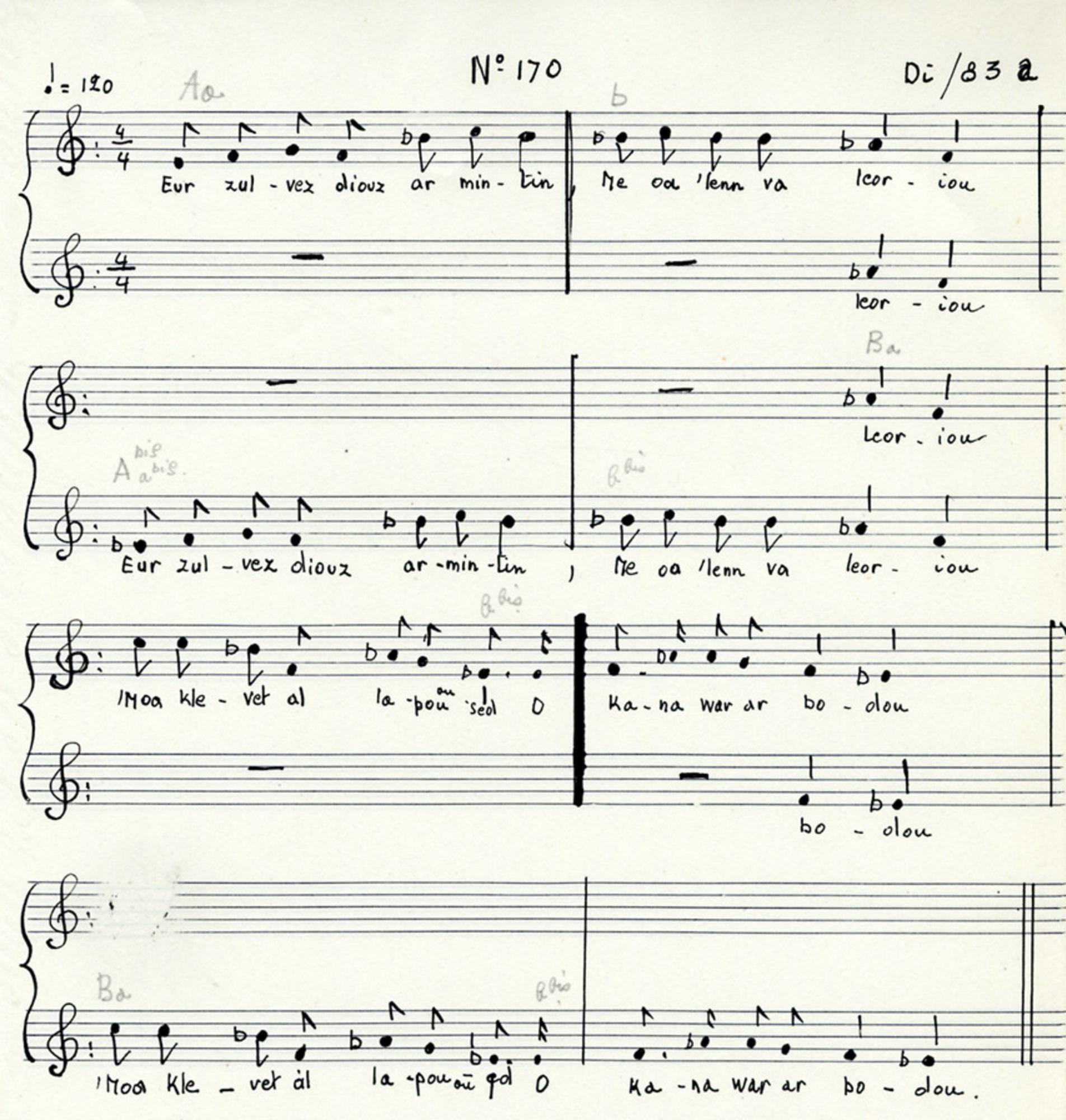 Transcription du chant exécuté par le couple Roignant à Gouézec en 1939 (n°d'inventaire MNATP 43.5.157).